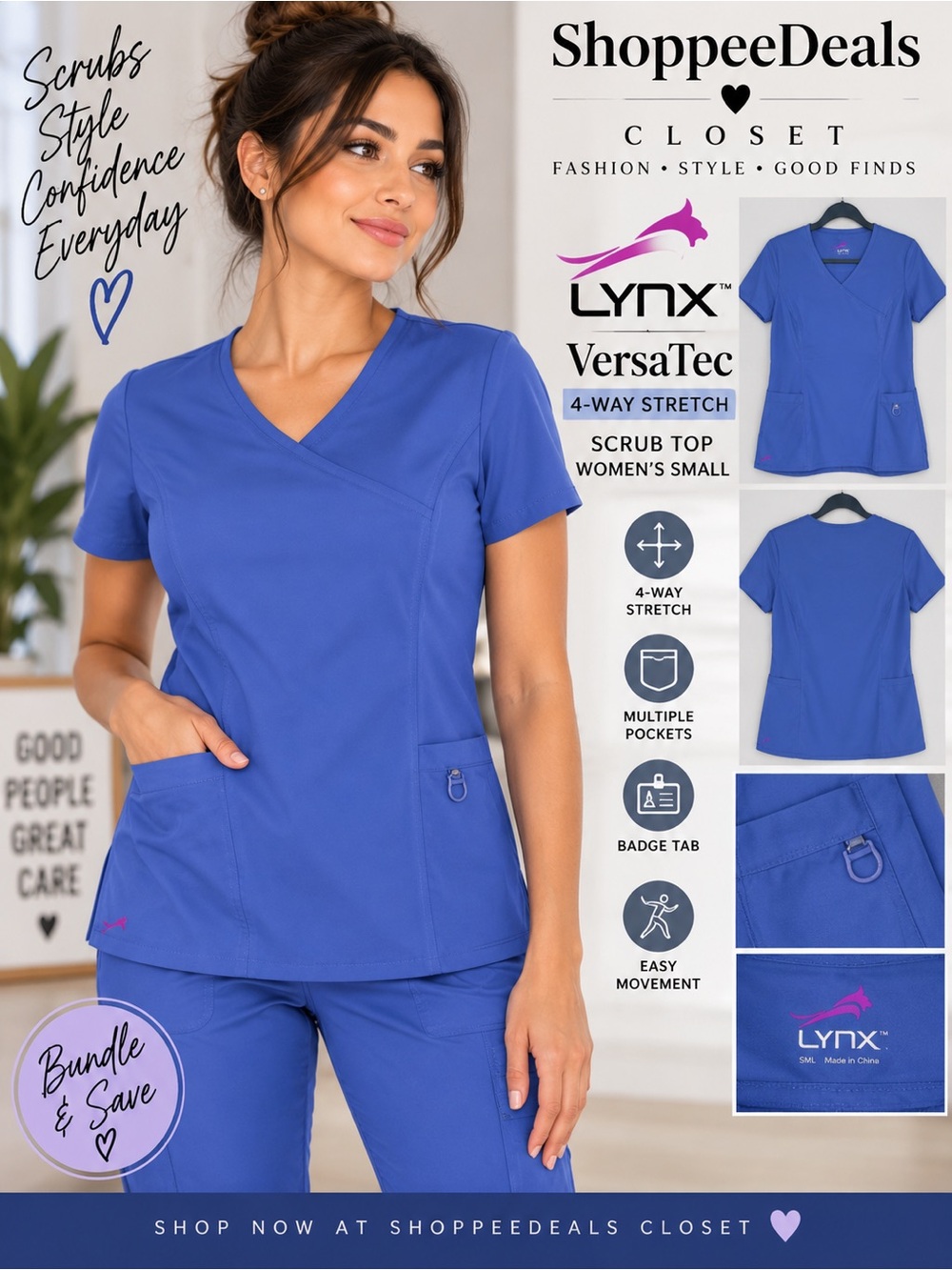 LYNX VersaTec Blue V-Neck Stretch Scrub Top Women’s Small